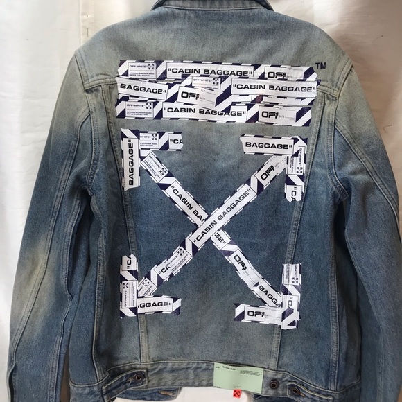 MEN’S OFF -WHITE AIRPORT TAPE DENIM JACKET MAIN LABEL VIRGIL ABLOH SZ MED - Picture 2 of 8